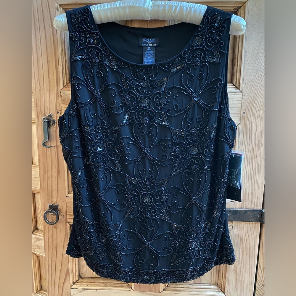 Pave by Eva Blue - Black Beaded Sleeveless Top (Size Medium)